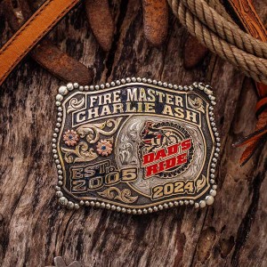 A custom rodeo belt buckle trophy for SWD 4H Rodeo Tie Down Grand Champion featuring a calf roping cowboy figure 